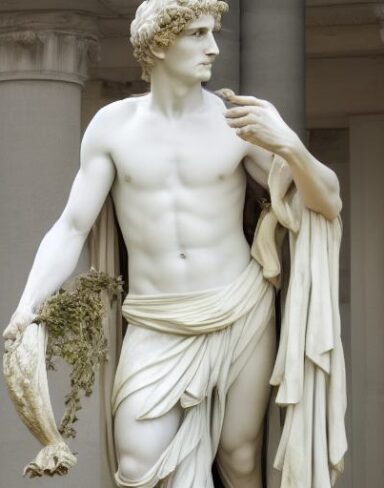 A statue of a man with a wreath on his head