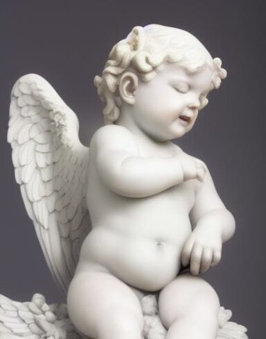 A statue of angel baby with a pair of wings