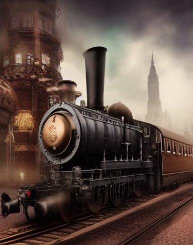 A steam engine train traveling through a city