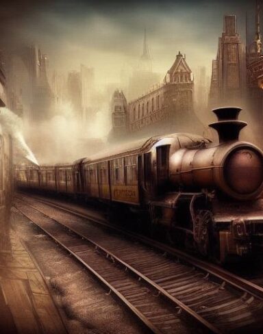 A steampunk train traveling through a city