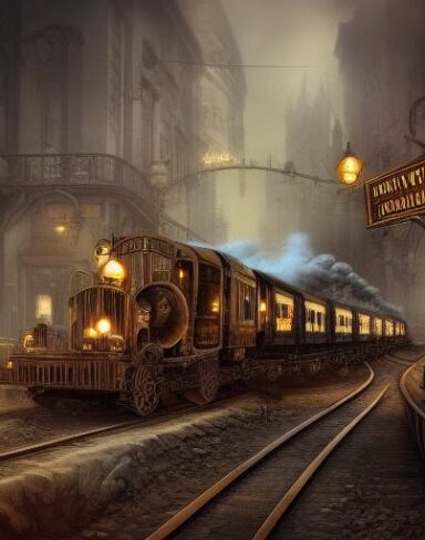 A steampunk train traveling through a city