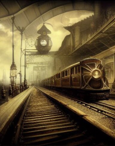A steampunk train traveling through a station