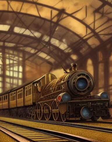 A steampunk train traveling through a station