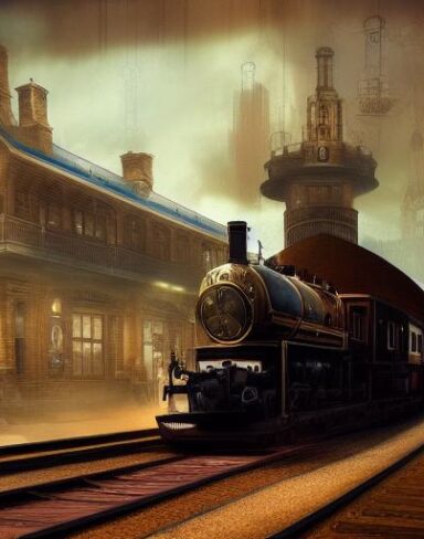 A steampunk train traveling through a station