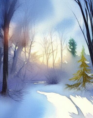 A tranquil watercolor painting of snow-covered trees and a stream with sunshine