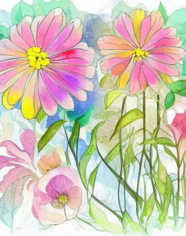 A watercolor drawing of bright flowers on a white background inspired by Esteban Vicente