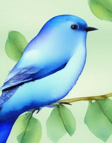 A watercolor painting of a blue bird sitting on branch inspired by Paul Bird
