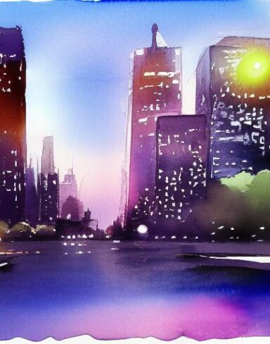 A watercolor painting of a cityscape at the night