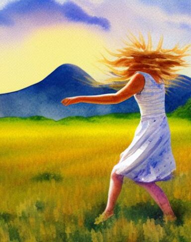 A watercolor painting of a field of wheat and a girl dancing in middle