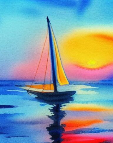 A watercolor painting of a sailboat in the ocean at sunset