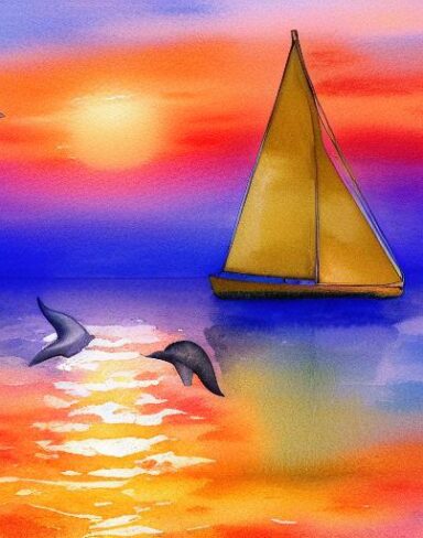 A watercolor painting of a sailboat in the ocean at sunset with dolphins