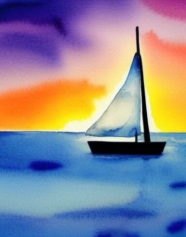 A watercolor painting of a sailboat in the ocean at sunset with dolphins and sunlight beams