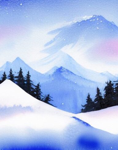 A watercolor painting of a snowy mountain