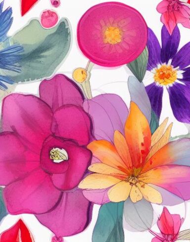 A watercolor painting of different flowers on a white background inspired by Esteban Vicente