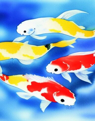 A watercolor painting of koi fish
