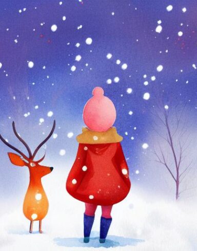 A watercolor painting of little girl wearing a red hoodie facing backward standing next to a deer and a snowman in the snow