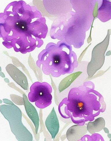 A watercolor painting of purple flowers on a white background by Sydney Carline