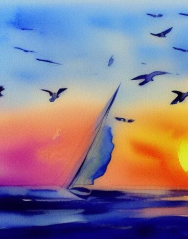 A watercolor painting of seagulls flying around a sailboat in the ocean at sunset with big sea waves seagulls