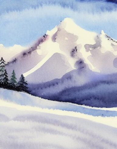 A watercolor painting of the snowy mountain inspired by Charles E. Burchfield