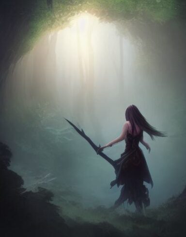 A woman standing in the forest cave