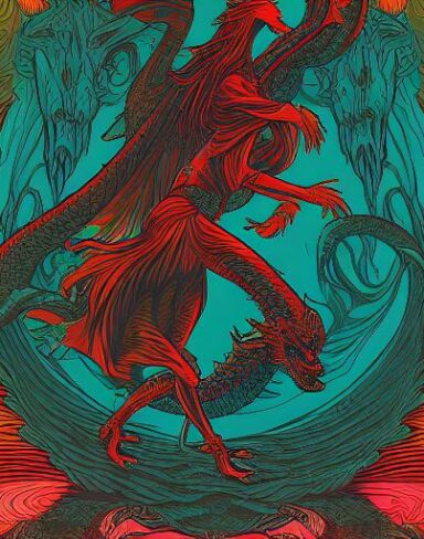 A woman that is walking with a dragon