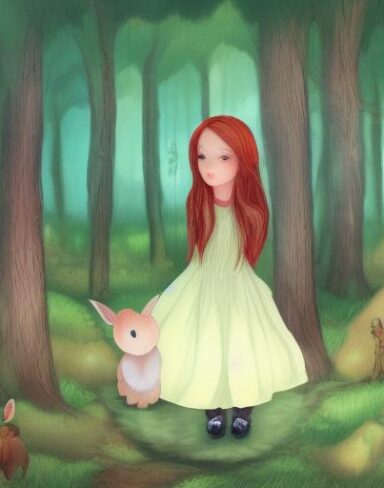 A young girl standing in a forest