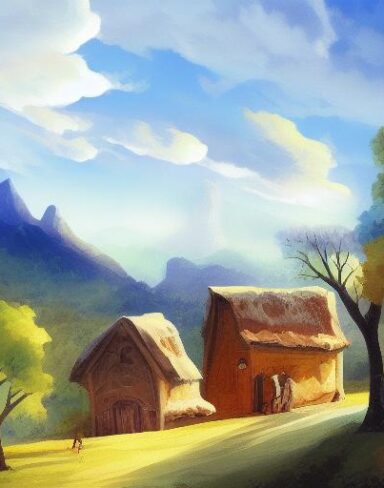 An art painting of a small village in the mountains