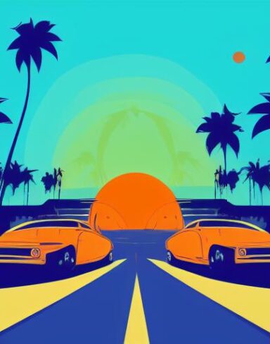 An orange car with some palm trees