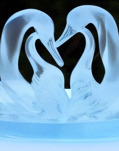 An tranquil ice sculpture of two ice made swans on a wave