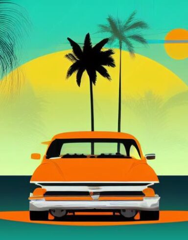Art of retro orange car with palm trees in the background