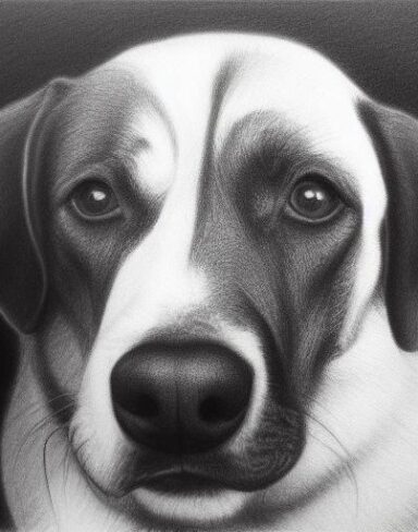 Black and white charcoal drawing of a dog