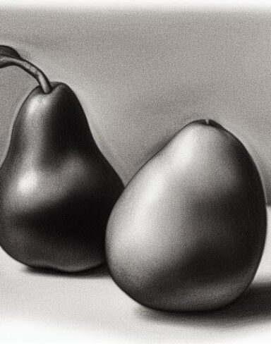 Black and white charcoal drawing of a pear and an apple on a table