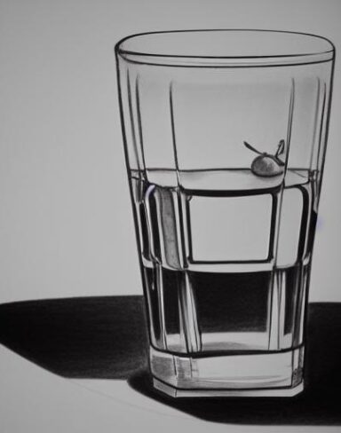 Black and white drawing of a glass of water on a table