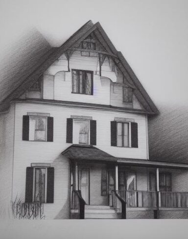Black and white drawing of a house