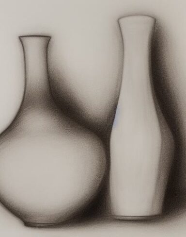 Black and white drawing of vases and a bottle