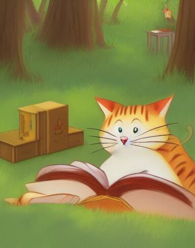 Cartoon cat reading book in the woods
