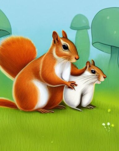 Couple of squirrels near some mushroom