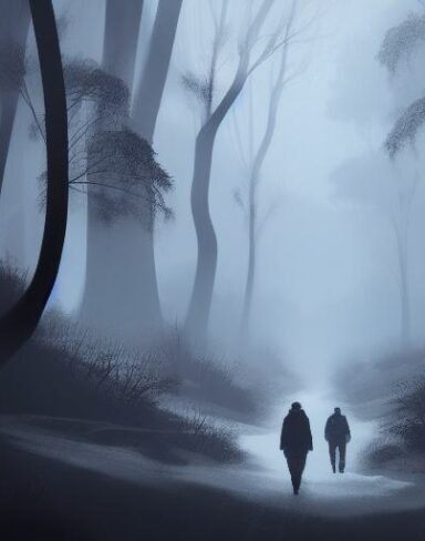 Dark digital art of a person walking through a forest