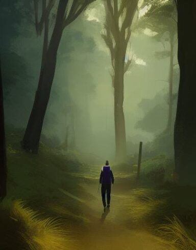 Digital art of a person walking through a forest