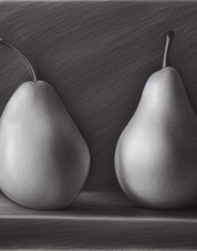 Drawing of a pear and an apple on a table
