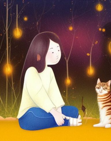 Girl sitting next to a cat