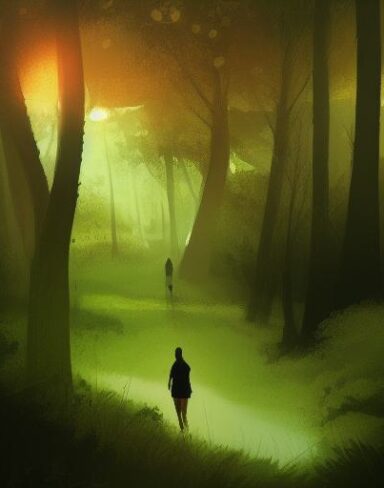 Melancholic digital art of a person walking through a forest
