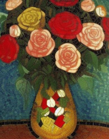 Mosaic of roses in the vase inspired by Mikhail Vrubel