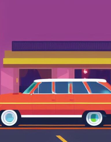 One car is parked in front of a restaurant