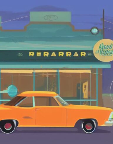 One car is parked in front of a restaurant