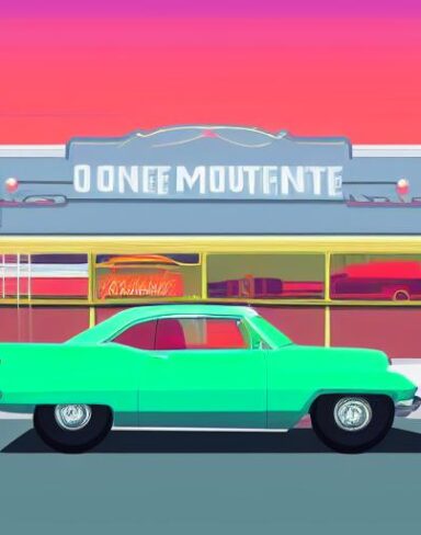 One retro car is parked in front of a restaurant