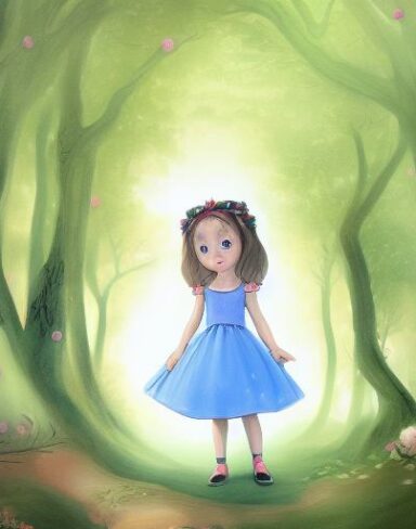 Painting of a little girl standing in a forest
