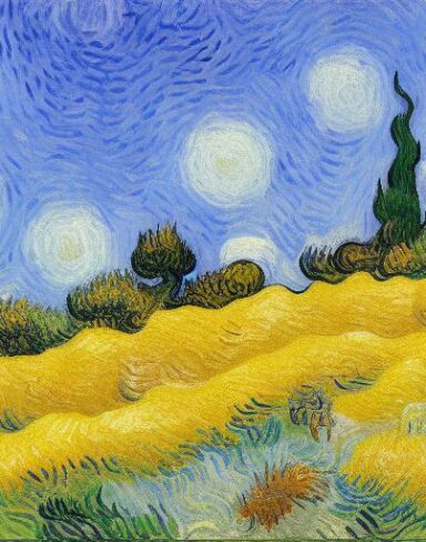 Painting of a wheatfield with different cypress trees