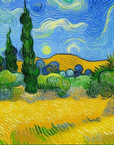 Painting of a wheatfield with some cypress trees