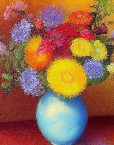 Painting of different flowers in a vase on a table